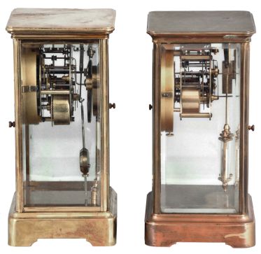 Clocks- 2 (Two): (1) Ansonia Clock Co., New York, 8 day, time and strike, spring brass movement crystal regulator mantel clock, c1914; (2) Waterbury Clock Co., Waterbury, Conn., "Toulon", 8 day, time and strike, spring brass movement crystal regulator mantel clock, c1909