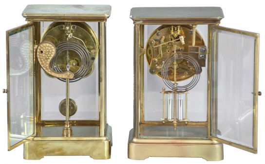 Clocks- 2 (Two): (1) Ansonia Clock Co., New York, 8 day, time and strike, spring brass movement crystal regulator mantel clock, c1914; (2) Waterbury Clock Co., Waterbury, Conn., "Toulon", 8 day, time and strike, spring brass movement crystal regulator mantel clock, c1909