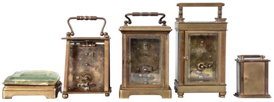 Clocks- 4 (Four) Carriage: Three French carriage clocks, 8 day, time only, two with cylinder escapements and one with a lever. The fourth clock is a Waterbury Clock Co. "Midge" 30 hour, spring driven, lever escapement miniature carriage clock, c1909.