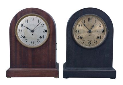 Clocks- 4 (Four) Chiming Mantel: 3 Seth Thomas "Sonora" chime clocks, the first a 5 bell model in mahogany round top case, the second a 4 chime rod model in walnut round top case, the last a 4 bell model in an oak case. The final clock is two-movement chiming clock playing Westminster on cathedral gongs.