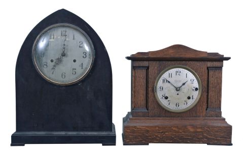 Clocks- 4 (Four) Chiming Mantel: 3 Seth Thomas "Sonora" chime clocks, the first a 5 bell model in mahogany round top case, the second a 4 chime rod model in walnut round top case, the last a 4 bell model in an oak case. The final clock is two-movement chiming clock playing Westminster on cathedral gongs.