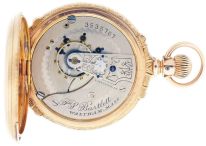 American Waltham Watch Co.,Waltham, Mass., model 1883, "P.S. Bartlett", 18 size, 15 jewels, stem wind and lever set, adjusted, damascened, frosted nickel plate movement with lever escapement, cut bimetallic balance and Church micrometric regulator in a 14 karat, yellow gold, engraved, box hinge hunting case and Roman numeral, single sunk, white enamel dial, blued steel spade hands, serial #3535767, 141g TW, c1890.