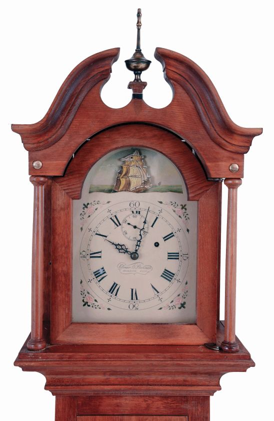 Reproduction dwarf tall or Grandmother clock, 8 day, weight driven brass timepiece (only) movement in a pine case with rocking ship dial signed Elmer Stennes