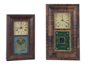 Clocks- 2 (Two): (1) Smith & Goodrich, Bristol, Conn., 30 hour, time and strike, spring brass fusee movement miniature OG shelf clock, c1850; (2) Daniel Pratt & Sons, Boston, Mass., 8 day, time and strike, spring brass fusee movement OG shelf clock, c1850