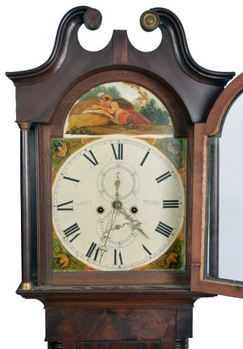 Tall Clocks- 2 (Two) English / Scottish period examples, circa 1830: (1) Ja. Rough, Kirkaldy in mahogany case with painted metal dial; (2) Unsigned in oak case with painted metal dial