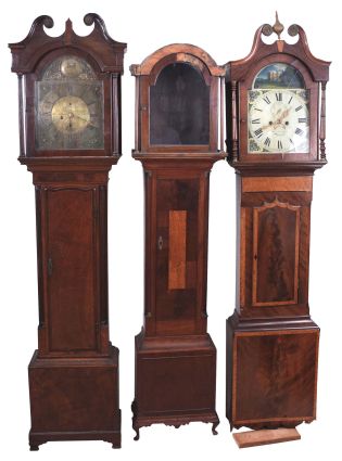 Tall Clocks- 2 (Two) period English and a case only, all in mahogany and mahogany veneer: (1) John McGowan, Wigtown with silvered brass dial, circa 1780; (2) T. Turnbull with metal painted dial, circa 1820; (3) case only with parts