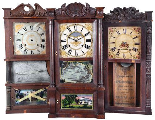 Clocks- 3 (Three): American shelf clocks: (1) Jared Arnold, Jr., Amber, NY, triple decker shelf clock with a weight driven, 8 day, time and strike strap brass movement in a mahogany veneered case with a carved eagle splat., c 1838; (2) T. M. Roberts (for Henry Hart), Bristol, Conn., carved column and splat shelf clock with a weight driven 30 hour time and strike wood movement in a mahogany veneered case, c1835. (3) Birge & Gilbert, Bristol, Conn., full column and carved splat shelf clock with a weight driven, 8 day, time and strike strap brass movement in a mahogany veneered case, c1838.