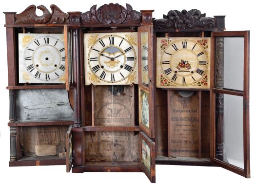 Clocks- 3 (Three): American shelf clocks: (1) Jared Arnold, Jr., Amber, NY, triple decker shelf clock with a weight driven, 8 day, time and strike strap brass movement in a mahogany veneered case with a carved eagle splat., c 1838; (2) T. M. Roberts (for Henry Hart), Bristol, Conn., carved column and splat shelf clock with a weight driven 30 hour time and strike wood movement in a mahogany veneered case, c1835. (3) Birge & Gilbert, Bristol, Conn., full column and carved splat shelf clock with a weight driven, 8 day, time and strike strap brass movement in a mahogany veneered case, c1838.