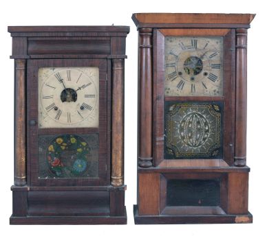 Clocks- 3 (Three): (1) Unknown, 30 hour, time, strike and alarm weight wood movement OG side shelf clock, c1830; (2) Barton, Brothers & Co.., New Haven, Conn., 30 hour, time, strike and alarm weight brass movement column & cornice shelf clock, c1855 (3) J. C. Brown, Bristol, Conn., 8 day, time and strike, spring brass movement column & OG top shelf clock, c1850