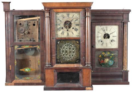 Clocks- 3 (Three): (1) Unknown, 30 hour, time, strike and alarm weight wood movement OG side shelf clock, c1830; (2) Barton, Brothers & Co.., New Haven, Conn., 30 hour, time, strike and alarm weight brass movement column & cornice shelf clock, c1855 (3) J. C. Brown, Bristol, Conn., 8 day, time and strike, spring brass movement column & OG top shelf clock, c1850