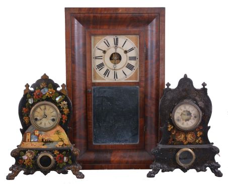 Clocks- 3 (Three) American Shelf: (1) Connecticut, probably Forestville Mfg. Co., Bristol, ogee clock, 30 hour, weight driven time and strike in a walnut veneer case; (2) American Clock Co., New York, iron front shelf clock with 30 hour, time and strike, spring driven movement with a hand painted waterfront scene surrounded by flowers; (3) Waterbury Clock Co., Waterbury, Conn., iron front shelf clock with 30 hour, time and strike with alarm, spring driven movement with a hand painted flowers.