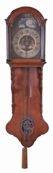 Dutch Friesland hooded staartklok or "tail" clock, weight driven, intact with rolling moon dial and alarm; embossed brass depictions of the 4 seasons in spandrel areas.