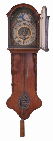 Dutch Friesland hooded staartklok or "tail" clock, weight driven, intact with rolling moon dial and alarm; embossed brass depictions of the 4 seasons in spandrel areas.