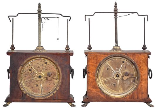 Clocks- 2 (Two) original Jerome & Co. [New Haven] flying pendulum clocks, one less dial & lead ball, the other complete