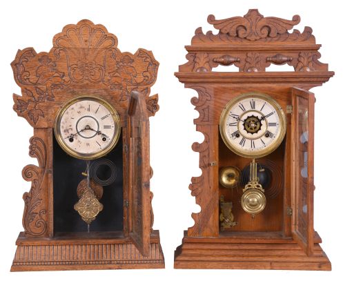 Clocks- 2 (Two): (1) William L. Gilbert Clock Co., Winsted, Conn., "Navy Set No. 25", 8 day, time end strike spring brass movement kitchen clock, c1901; (2) Attleboro Clock Co., Attleboro, Mass. "Leonard", 8 day, time and strike, spring brass movement oak kitchen clock, c1900