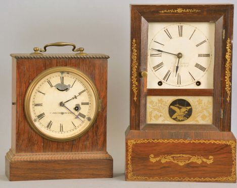 Clocks- 2 (Two): (1) Chauncey Jerome, New Haven, Conn., 30 hour, spring brass lever movement ripple molding shelf clock, c1850; (2) E. O. Goodwin, Bristol, Conn., 8 day, time and strike, spring brass movement cottage shelf clock, c1850.