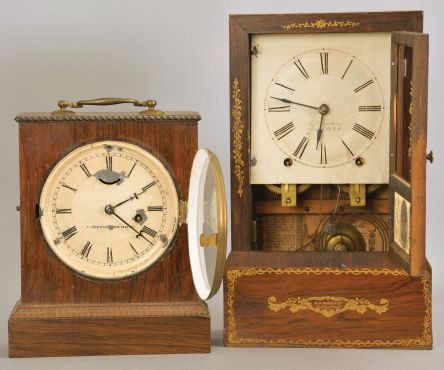 Clocks- 2 (Two): (1) Chauncey Jerome, New Haven, Conn., 30 hour, spring brass lever movement ripple molding shelf clock, c1850; (2) E. O. Goodwin, Bristol, Conn., 8 day, time and strike, spring brass movement cottage shelf clock, c1850.