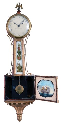 Clocks- 2 (Two): (1) Unknown, Massachusetts, 8 day, weight brass movement patent or banjo timepiece, c1830; (2) Massachusetts, 8 day, weight brass movement Patent or banjo timepiece. Dial is signed "Aaron Willard, Boston", c1825