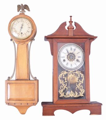 Clocks- 4 (Four) Wood Case: (1) 30 hour time and strike with alarm mantel clock; (2) Trend time only miniature banjo; (3) Hanson Clock Co. three train chiming box clock; (4) large Asian reproduction wall clock with carved case and glass marked "Regulator A".