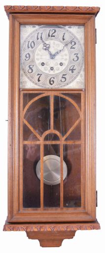 Clocks- 4 (Four) Wood Case: (1) 30 hour time and strike with alarm mantel clock; (2) Trend time only miniature banjo; (3) Hanson Clock Co. three train chiming box clock; (4) large Asian reproduction wall clock with carved case and glass marked "Regulator A".