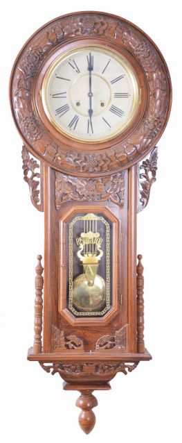 Clocks- 4 (Four) Wood Case: (1) 30 hour time and strike with alarm mantel clock; (2) Trend time only miniature banjo; (3) Hanson Clock Co. three train chiming box clock; (4) large Asian reproduction wall clock with carved case and glass marked "Regulator A".