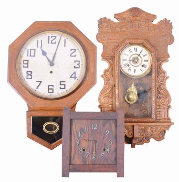 Clocks- 4 (Four) Wooden Wall: (1) Small driven mission style wall clock; (2) Ansonia time only store regulator; (3) Waterbury time only drop octagon; (4) New Haven "Eclipse" hanging gingerbread clock.