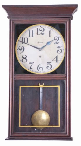 Clocks- 4 (Four) Wooden Wall: (1) Small driven mission style wall clock; (2) Ansonia time only store regulator; (3) Waterbury time only drop octagon; (4) New Haven "Eclipse" hanging gingerbread clock.