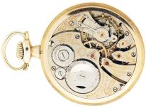 South Bend Watch Co., South Bend, Indiana, "The Studebaker", grade 229, 16 size, 21 jewels, stem wind and lever set, adjusted to 5 positions and temperature, damascened nickel plate movement with lever escapement, cut bimetallic balance, gold jewel settings, gold timing screws and whiplash micrometric regulator in a yellow gold filled, screw back and bezel, engraved open face case with Arabic numeral, double sunk white enamel dial, plum colored steel spade and poker hands, serial #622655, c1910.