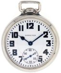 Hamilton Watch Co., Lancaster, Penn., "950", 16 size, 23 jewels, stem wind and pendant set, adjusted, damascened, nickel plate movement with lever escapement, cut bimetallic balance, gold jewel settings, gold wheel train and whiplash micrometric regulator in a white gold filled, screw back and bezel open face Hamilton "Railroad Model" case and Arabic numeral, double sunk, white enamel dial, blued steel spade and poker hands, serial #2504442, c1930.