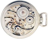 Hamilton Watch Co., Lancaster, Penn., "950", 16 size, 23 jewels, stem wind and pendant set, adjusted, damascened, nickel plate movement with lever escapement, cut bimetallic balance, gold jewel settings, gold wheel train and whiplash micrometric regulator in a white gold filled, screw back and bezel open face Hamilton "Railroad Model" case and Arabic numeral, double sunk, white enamel dial, blued steel spade and poker hands, serial #2504442, c1930.