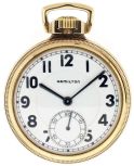 Hamilton Watch Co., Lancaster, Penn., "950 Elinvar", 16 size, 23 jewels, stem wind and lever set, adjusted to 5 positions, damascened nickel plate movement with lever escapement, gold jewel settings, gold timing screws, gold wheel train and whiplash micrometric regulator in a yellow gold filled, screw back and bezel, open face Hamilton "Railroad Model" case, and Arabic numeral, double sunk white enamel dial, black steel hands, serial #2612463, c. 1937