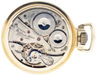 American Waltham Watch Co.,Waltham, Mass., "Riverside Maximus", 16 size, 23 jewels, stem wind and scarce lever set, adjusted, damascened nickel plate movement with lever escapement, diamond endstone, cut bimetallic balance, gold jewel settings, gold timing screws, gold wheel train and whiplash micrometric regulator in a yellow gold filled, screw back and bezel open face case, and Arabic numeral, double sunk white enamel dial, blued steel spade and whip hands, serial #14049244, c1905.