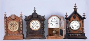 Clocks- 4 (Four): (1) Ansonia TURKEY in golden oak, embossed dial, 8 day; (2) Ansonia TORONTO in oak and with original crazed finish; (3) German copy of octagon top cottage clock, unknown duration, and (4) a German "Alt Deutsch" style shelf clock with a copy of the Ansonia 8 day movement.