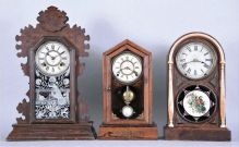 Clocks- 3 (Three) American Shelf: (1) Ansonia Clock Co., New York, "BEAVER", model, pressed walnut gingerbread, 8 day; (2) Wm. L. Gilbert Clock Co.,"OBELISK", in a rosewood veneer case, 8 day and (3) a Seth Thomas "CHICAGO" model from their City Series, 9 day