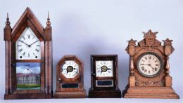 Clocks- 4 (Four) American Shelf: (1) Jerome & Co., (New Haven), 8 day steeple clock, mahogany; (2) Seth Thomas, octagon top time and alarm cottage clock; (3) Seth Thomas Flat Top, time and alarm cottage clock and (4) Ansonia "TIVOLI" in oak, 8 day time and gong strike.