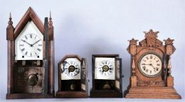 Clocks- 4 (Four) American Shelf: (1) Jerome & Co., (New Haven), 8 day steeple clock, mahogany; (2) Seth Thomas, octagon top time and alarm cottage clock; (3) Seth Thomas Flat Top, time and alarm cottage clock and (4) Ansonia "TIVOLI" in oak, 8 day time and gong strike.