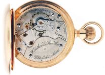 Hamilton Watch Co., Lancaster, Penn., for W. Luther LaRue & Co., Pittsfield, Mass., "934", 18 size, 17 jewels, stem wind and lever set, adjusted, damascened nickel plate movement with lever escapement, cut bimetallic balance, gold jewel settings and Goldthwaite micrometric regulator in a 14 karat, yellow gold, hinged back and bezel open face case with presentation on gold cuvette and monogram on rear cover, Roman numeral, outer red 5-minute markers, double sunk white enamel dial, blued steel hands, serial #4473, 162g TW, c1895.