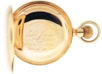 Hamilton Watch Co., Lancaster, Penn., for W. Luther LaRue & Co., Pittsfield, Mass., "934", 18 size, 17 jewels, stem wind and lever set, adjusted, damascened nickel plate movement with lever escapement, cut bimetallic balance, gold jewel settings and Goldthwaite micrometric regulator in a 14 karat, yellow gold, hinged back and bezel open face case with presentation on gold cuvette and monogram on rear cover, Roman numeral, outer red 5-minute markers, double sunk white enamel dial, blued steel hands, serial #4473, 162g TW, c1895.