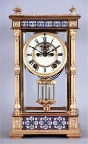 Ansonia Clock Co., New York, rare "Emperor" model shelf clock, 4-glass crystal regulator, with cloisonne enamel inlay on all 4 sides, top and bottom, and faux compensating pendulum