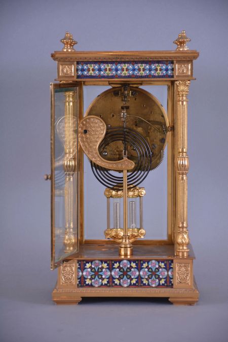 Ansonia Clock Co., New York, rare "Emperor" model shelf clock, 4-glass crystal regulator, with cloisonne enamel inlay on all 4 sides, top and bottom, and faux compensating pendulum