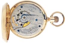 A 14 karat gold, open face, key wind watch case, now with a later, Waltham stem wind movement, 128.3g TW