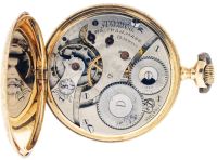 American Waltham Watch Co.,Waltham, Mass., "A.W.W. Co." model 1908, 16 size, 15 jewels, stem wind and set, damascened nickel plate movement with lever escapement, cut bimetallic balance and Church micrometric regulator in a 14 karat, yellow gold, engraved hunting case with Roman numeral, single sunk white enamel dial, blued steel spade hands, serial #17647350, 87.6g TW, c1910.