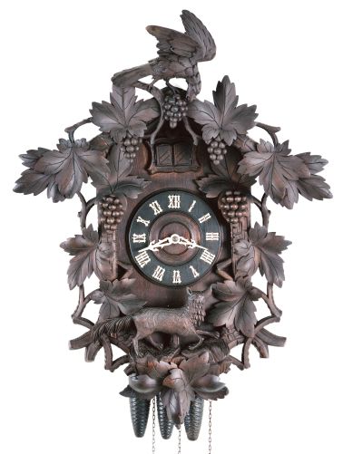 Clocks- 2 (Two) Black Forest Cuckoo and Quail: 3-weight cuckoo and quail wall clocks with carved fox and grapes motif, one signed "Miller & Cie" on the brass movement, the other "Faller", early 20th century.