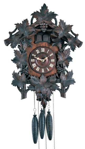 Clocks- 2 (Two) Black Forest Cuckoo and Quail: 3-weight cuckoo and quail wall clocks with carved fox and grapes motif, one signed "Miller & Cie" on the brass movement, the other "Faller", early 20th century.