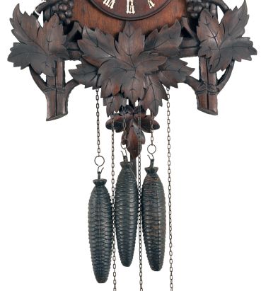 Clocks- 2 (Two) Black Forest Cuckoo and Quail: 3-weight cuckoo and quail wall clocks with carved fox and grapes motif, one signed "Miller & Cie" on the brass movement, the other "Faller", early 20th century.