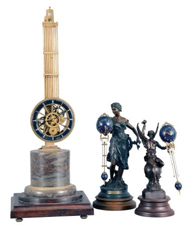 Clocks- 3 (Three) Asian Reproduction Mystery Clocks: (1) Winged male figure with bronze finish supporting swing arm with dark blue spheres, 12.5 inches; (2) Female figure with bronze and verdigris patina supporting a swinging arm with dark blue spheres, 15 inches. (3) Upside-down swinging clock on brass stand with dark red marble base on wood platform, 28 inches in height.