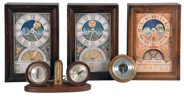 Clocks- 4 (Four) and 1 (One) Barometer and 1 (One) gimbaled compass: three plug-in electric almanac clocks, two with planting information and one with baking information; desktop weather station with electric clock, thermometer and barometer; Wilfred O. White & Sons, Inc aneroid barometer; and a Baker Compass Co., Melrose, Mass., compass