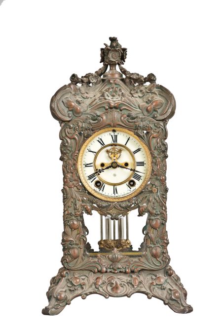 Ansonia Clock Co., New York, "Floral", 8 day, time and strike, spring brass movement crystal regulator mantel clock.
