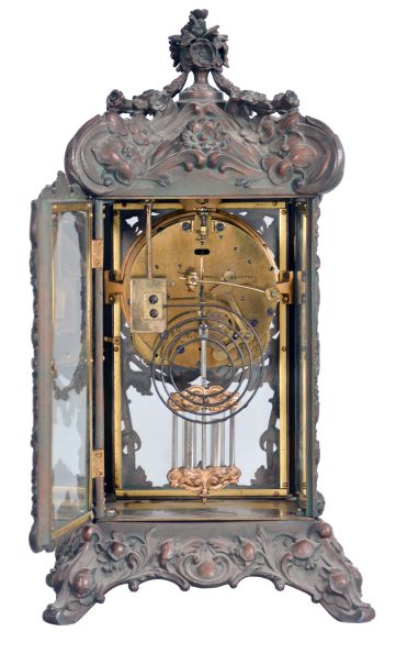 Ansonia Clock Co., New York, "Floral", 8 day, time and strike, spring brass movement crystal regulator mantel clock.