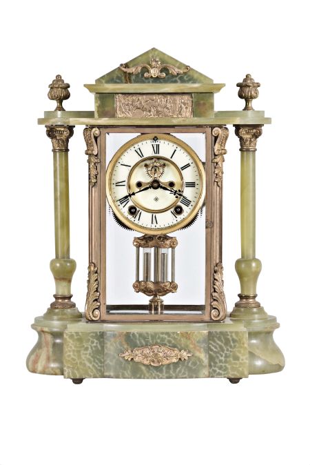 Ansonia Clock Co., New York, "Gonfalon", 8 day, time and strike, spring brass movement crystal regulator mantel clock.